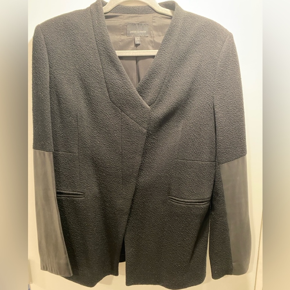 Judith & Charles Black Textured Open-Front Blazer with Leather Sleeve Panels